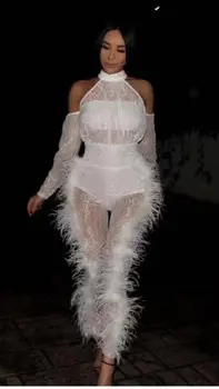 

High Quality White Long Mesh Sleeve Hollow Out Fashion Bandage Jumpsuit Homecoming Party Jumpsuit