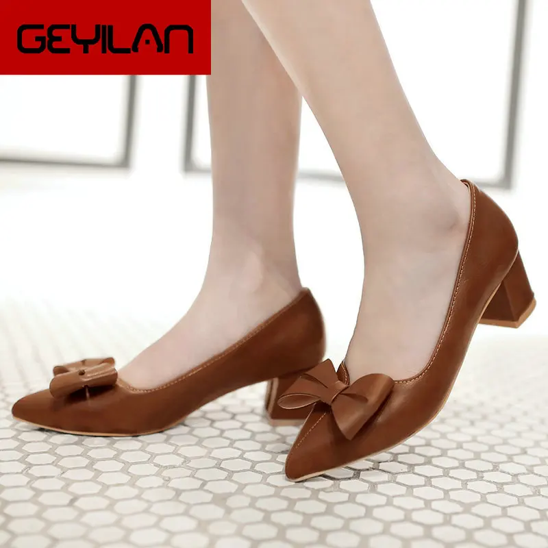 

2019 Spring Autumn Bow Women Shoes Pumps Square Loe Heels Slip On Fashion Pointed Toe Casual Ladies Shoes
