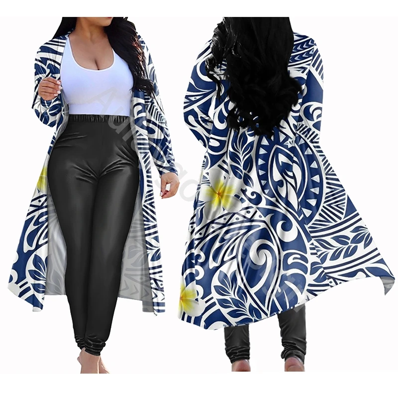 

Samoas Plumeria Print 2 Piece Sets Womens Outfits Plus Size Long Coat And Black Pant Loungewear For Custom Conjuntos De Mujer