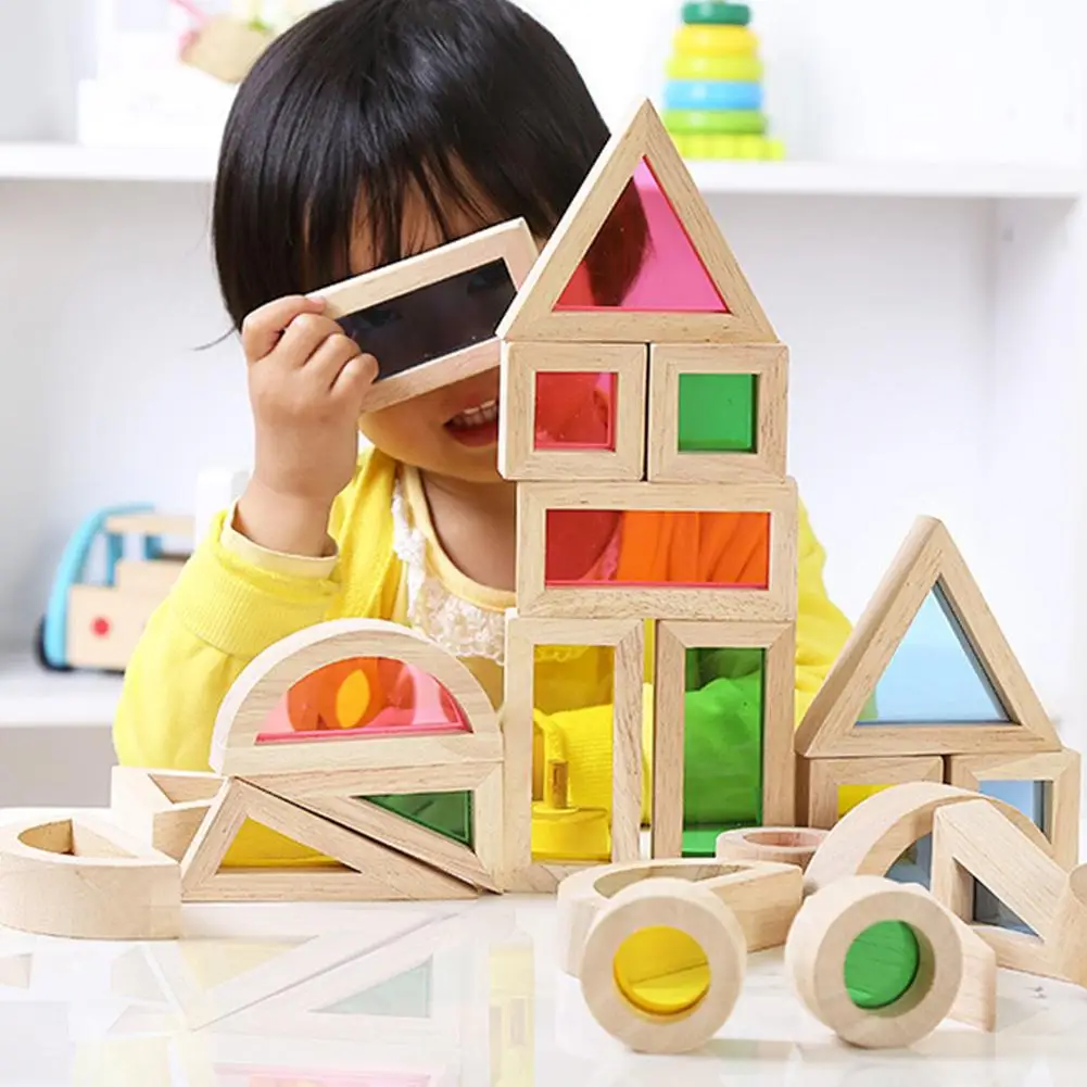 

None Kids Creative Acrylic Rainbow Building Blocks DIY Puzzle Wooden Stacking Tower Toys