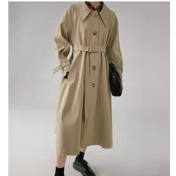 

TVVOVVIN 2019 Autumn Solid Color Khaki Will Lapel Pendulum Chalaza Waist Long Fund Windbreaker Loose Coat L292