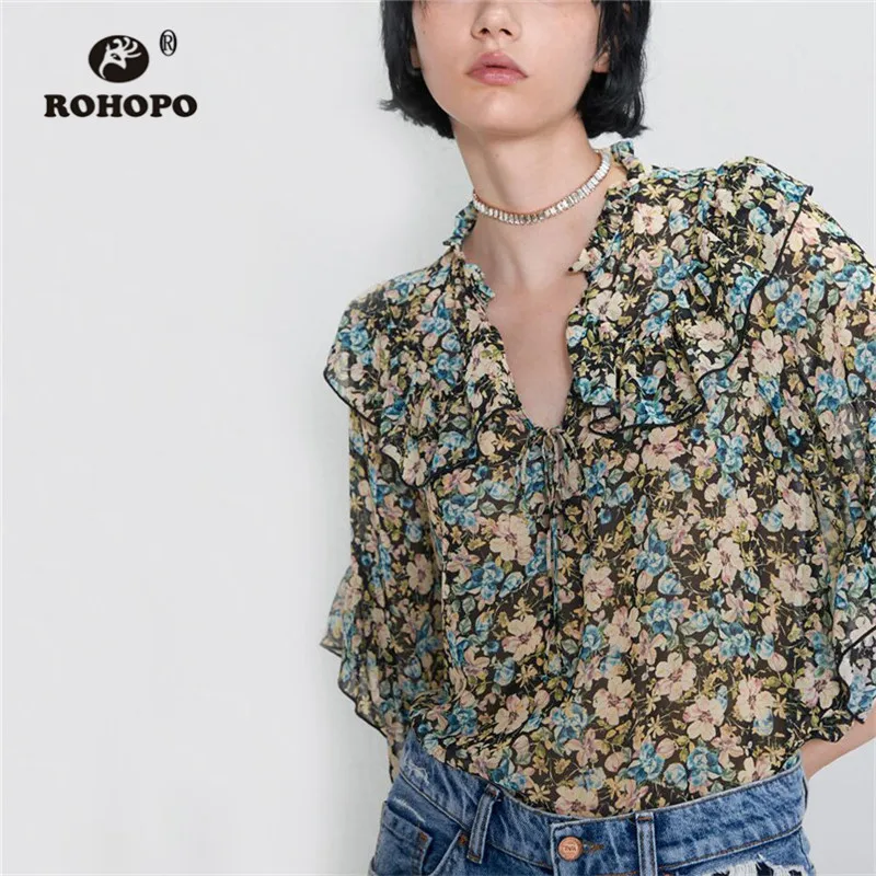 

ROHOPO Iris Floral Ruffled Collar Butterrly Sleeve Chiffon Blouse Ladies Printed Pullover Chic Streetwear Top Shirts #9476