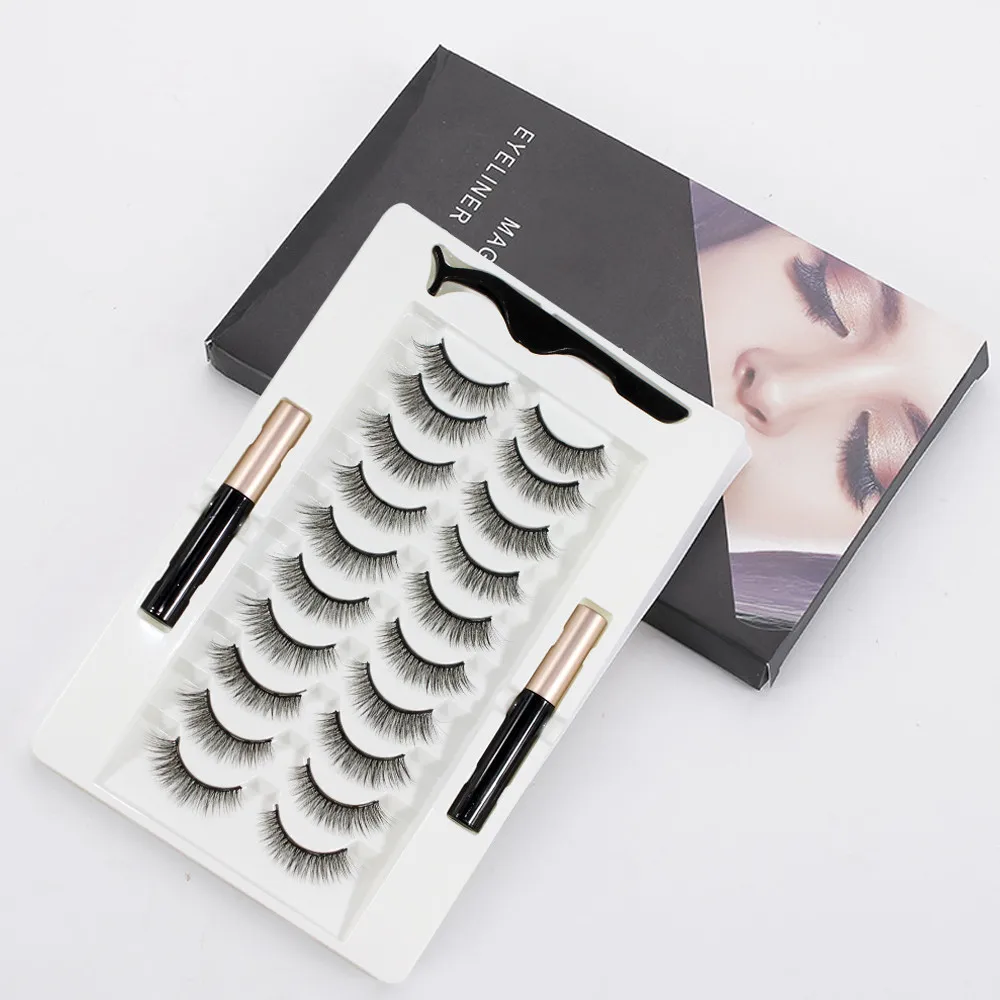 

New 10 Pairs Magnetic Eyelash Set Double Magnet Liquid Eyeliner & Magnetic Eyelashes and Tweezers Set 3D Lasting Mink Eyelashes