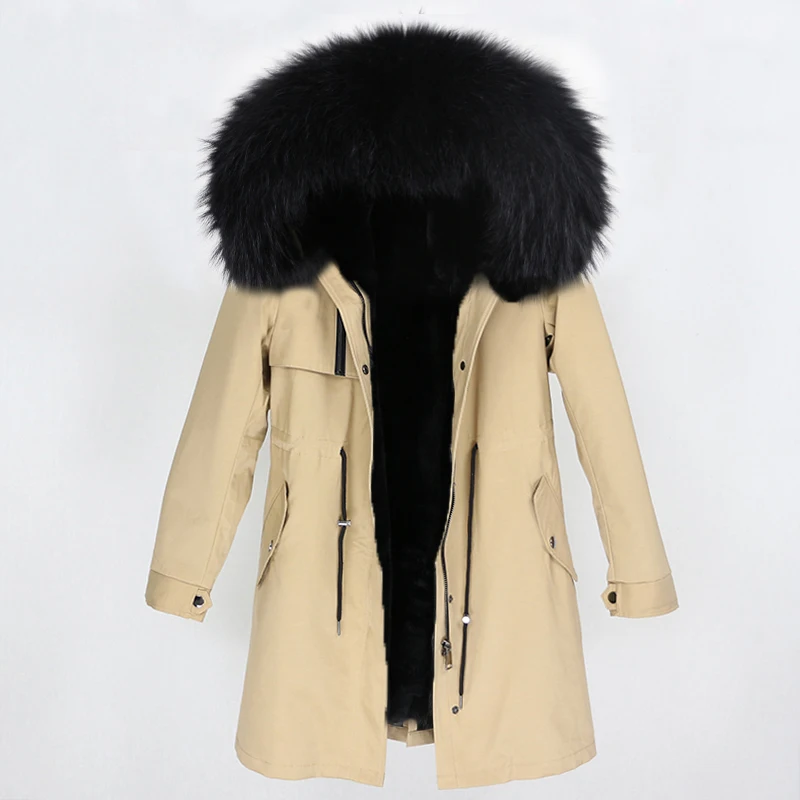 brown black OFTBUY Для женщин Длинная парка натуральный мех пальто зимняя куртка Для женщин из натурального меха енота, меховой капюшон, воротник толстые теплые Изящная верхняя одежда Новинка - Цвет: brown black