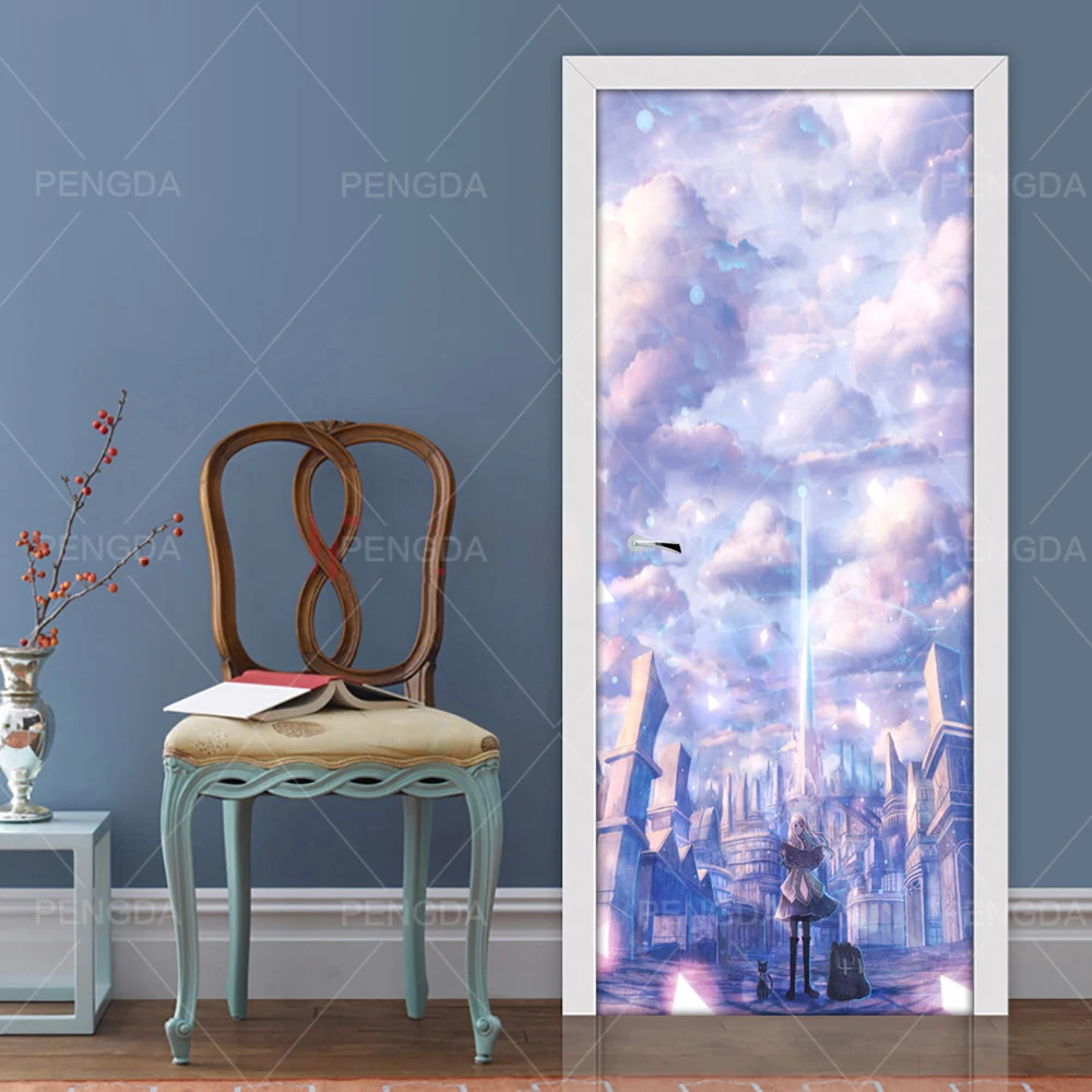 Самоклеящаяся 3d наклейка на дверь для спальни DIY ремонт небо стенная роспись в виде здания водонепроницаемый принт аниме персонаж Картина домашний декор