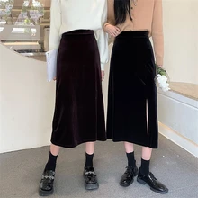

Velvet Midi Skirts for Young Women 2022 Autumn Winter Retro Elastic High Waist Sexy Hipline Mid-Length Tight Skirt SXHBSQ606
