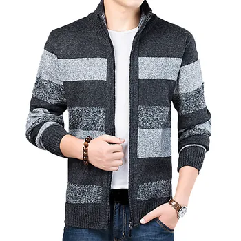 

Men Open Front Long Sleeve Knit Sweater Large Size Zipper Autumn Winter Plus Velvet Thick Sweater IK88