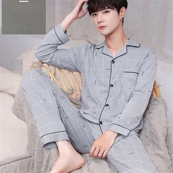 

100% Cotton pajamas Sets Men Sleepwear 2 Pieces Long Sleeve pyjamas Men Plus Size 4XL Top +Pant Leisure Wear Cloth