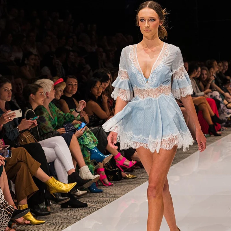 Дизайнерское платье для подиума женское летнее элегантное кружевное платье с v-образным вырезом и коротким рукавом