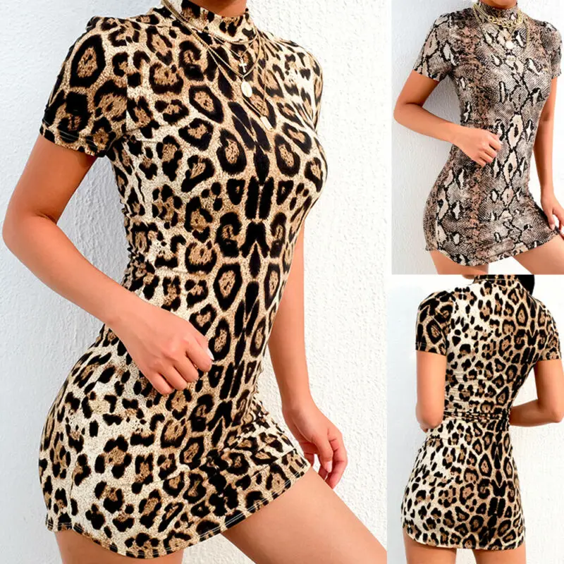 

Womens Leopard Bodycon Short Sleeve Evening Party Cocktail Club Short Mini Dress Bikini Cover Up Beachwear