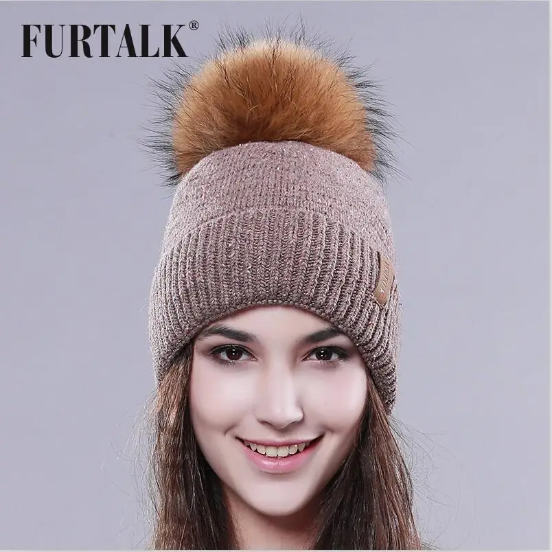 FURTALK теплая зимняя женская шапка с меховым помпоном вязаная шерстяная шапка шапочка Женская зимняя шапка для женщин - Цвет: Хаки