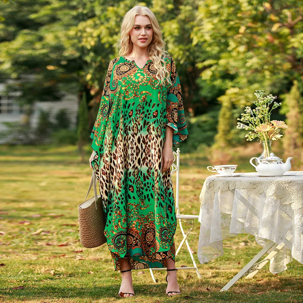 

Green Vintage Printed Batwing Sleeve Side Split Summer Dress Cotton Tunic Plus Size Clothing Women Street Wear Maxi Dresses