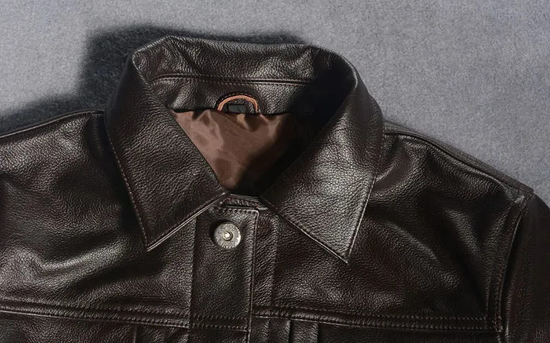 Mens New Brown Cowhide Genuine Leather Short Biker Jackets Turn-Down Collar Single Breasted Outerwear High Street Fashion Coat genuine leather blazers