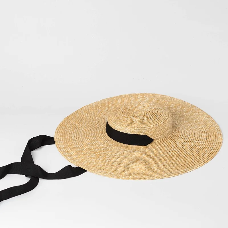 Cappello da sole a tesa larga 15 cm, cappello di paglia piatto per donna, cappelli da spiaggia bianchi e neri con laccetti, cappello laterale da spiaggia, cappello floscio da donna in rafia di paglia_voghion.com