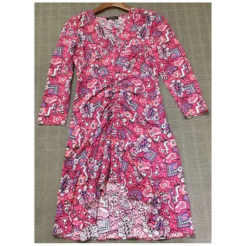 

100% Silk V-neck Print Women Midi Dress Slim Waist Pleated lady irregular Female Dresses For party Casual 2020 New Fashion