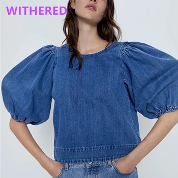 

Withered england high street vintage puff sleeve short blouse women blusas mujer de moda 2020 denim shirt womens tops and blouse