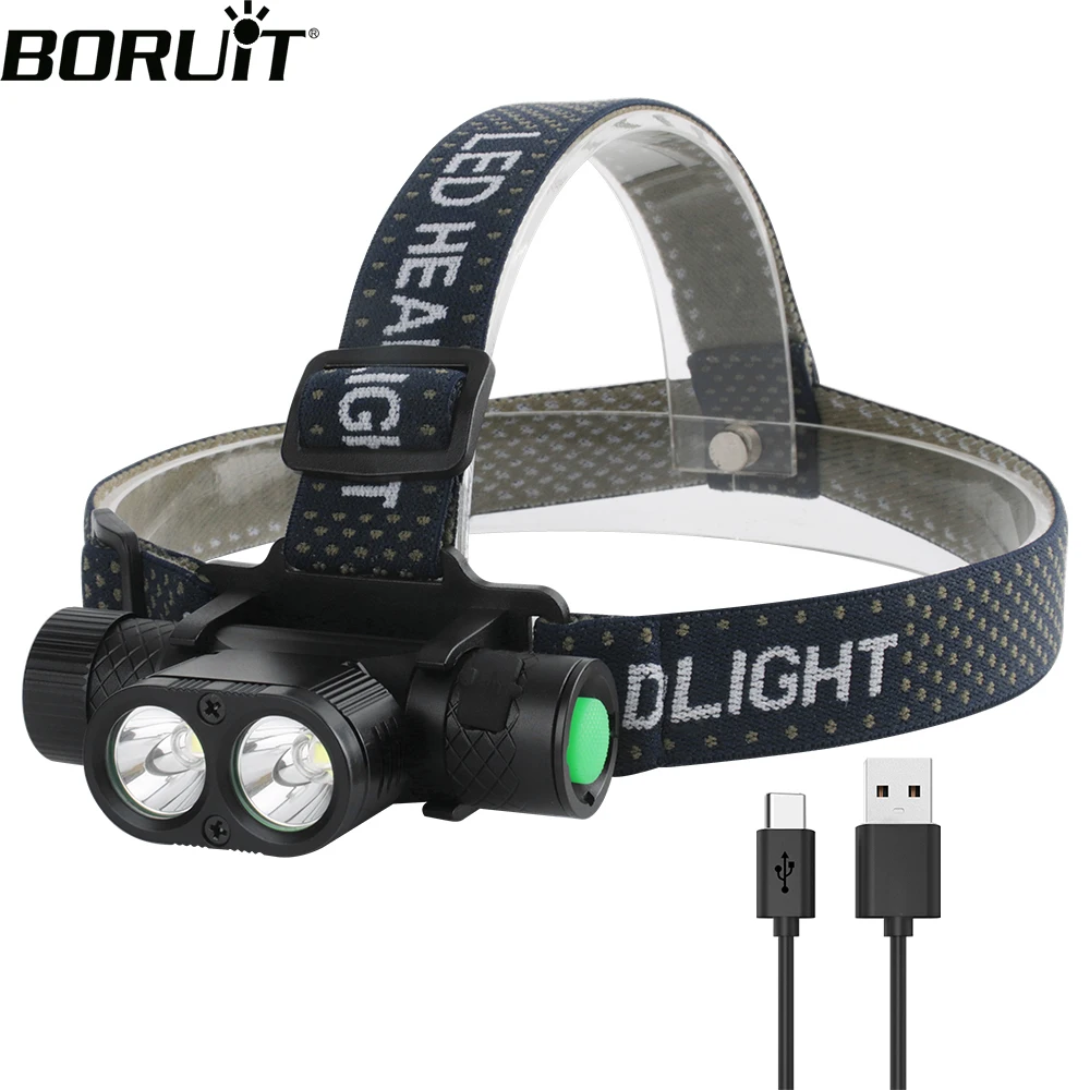 US $17.79 BORUiT Dual XML2 LED Mini Headlamp 7Mode 3000LM Headlight TypeC Rechargeable 18650 Waterproof Head Torch For Camping Hunting