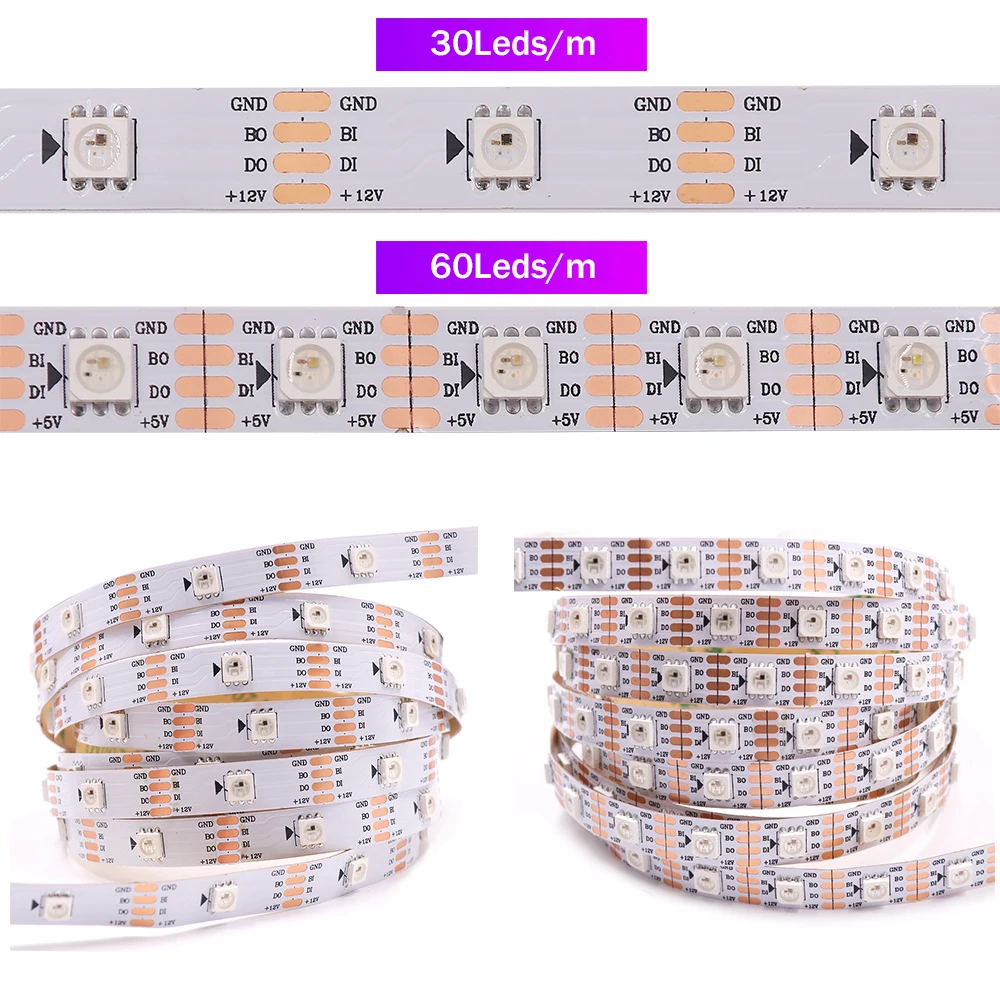 1M 5M RGB LED Strip Light 5V 12V DC WS2815 WS2813 5050 Addressable  LED Tape 30LED 60LED 144LED LED Flex Strip Lights White PCB