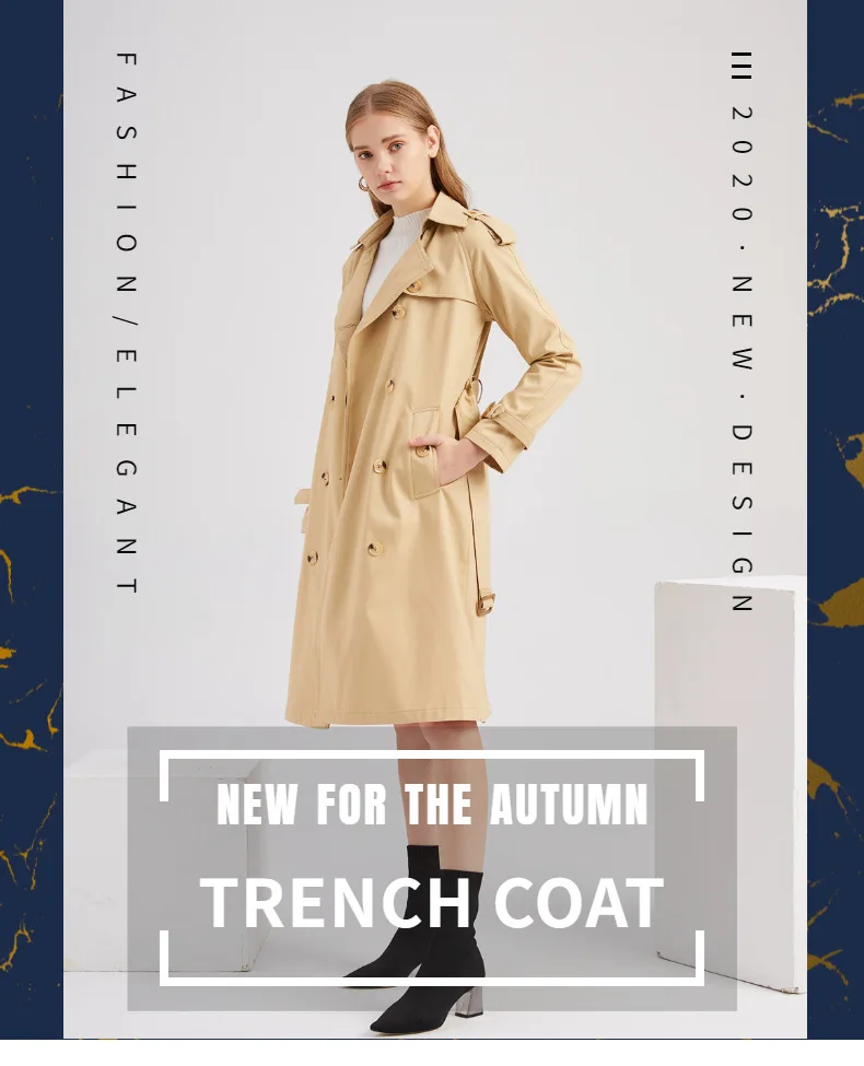 2020 New Women's Trench Coat Autumn Windbreaker Coat Female Mid-long Double Breasted Women' Jacket Adjustable Waist Elegant Coat