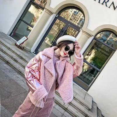 Pink Зимнее серебряное блестящее пальто женское свободное повседневное пуховое хлопковое Стеганое пальто Новая мода пэчворк короткие теплые глянцевые парки одежда - Цвет: Pink