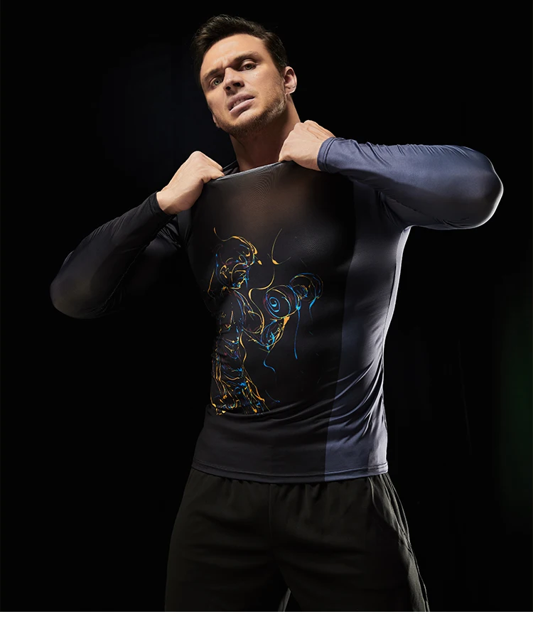 Männer Drucken Kompression Enge Tops Langarm T-shirts Entwickelt Für Laufen Gym High Intensität Training – Detail 8