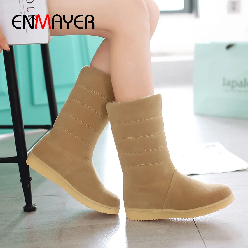 ENMAYER Cow Suede Round Toe Winter Boots Flat with Slip-On Snow Velvet Mid-Calf Women Shoes Solid Sewing Black Camel | Обувь