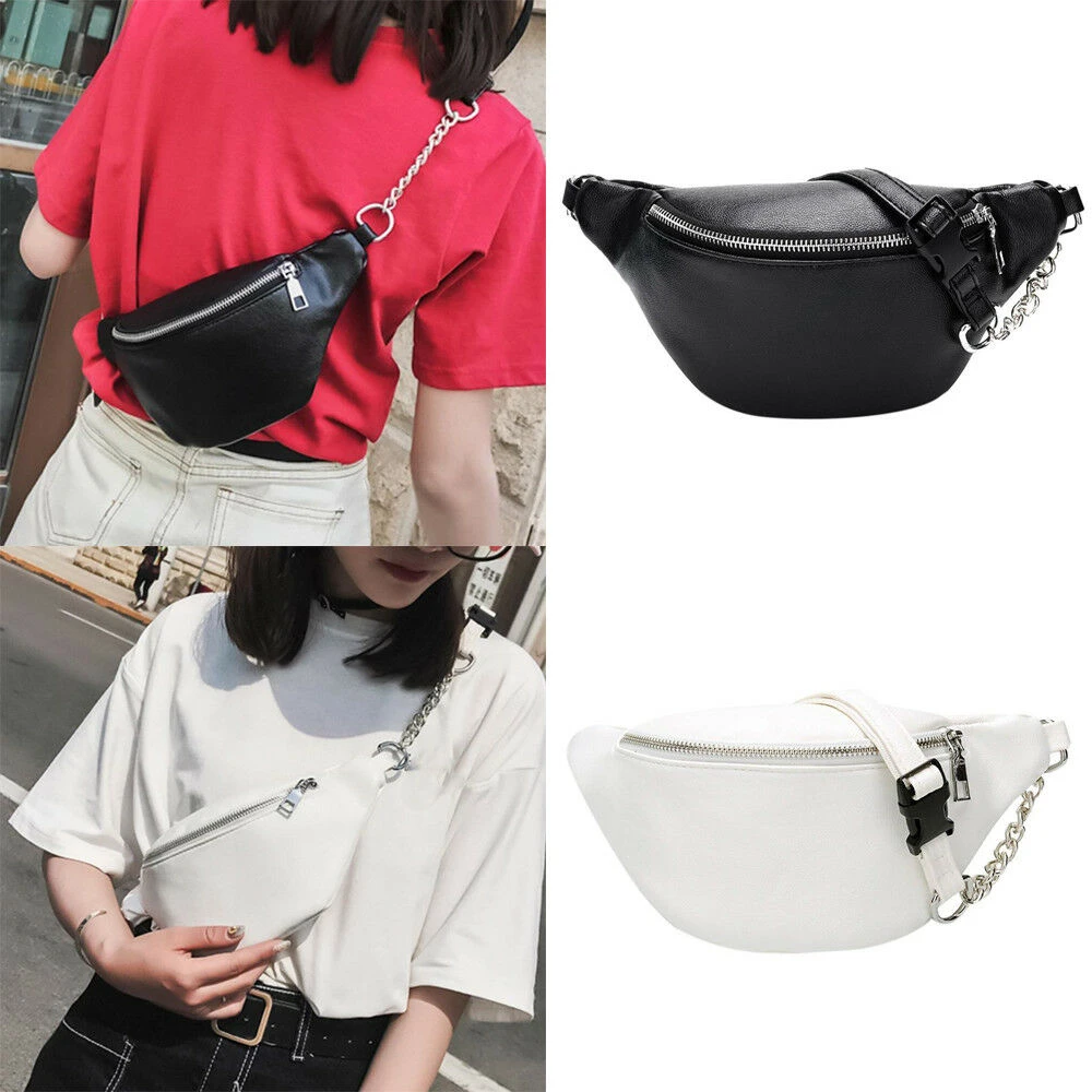 Riñonera cuero con cadena para mujer, bolso de pecho de color blanco y negro, - AliExpress