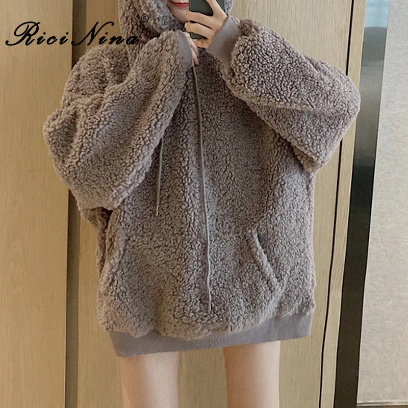 RICININA Iambswool, женская толстовка с капюшоном,, длинный рукав, карман, женская толстовка с капюшоном, длинные и свободные повседневные толстовки большого размера