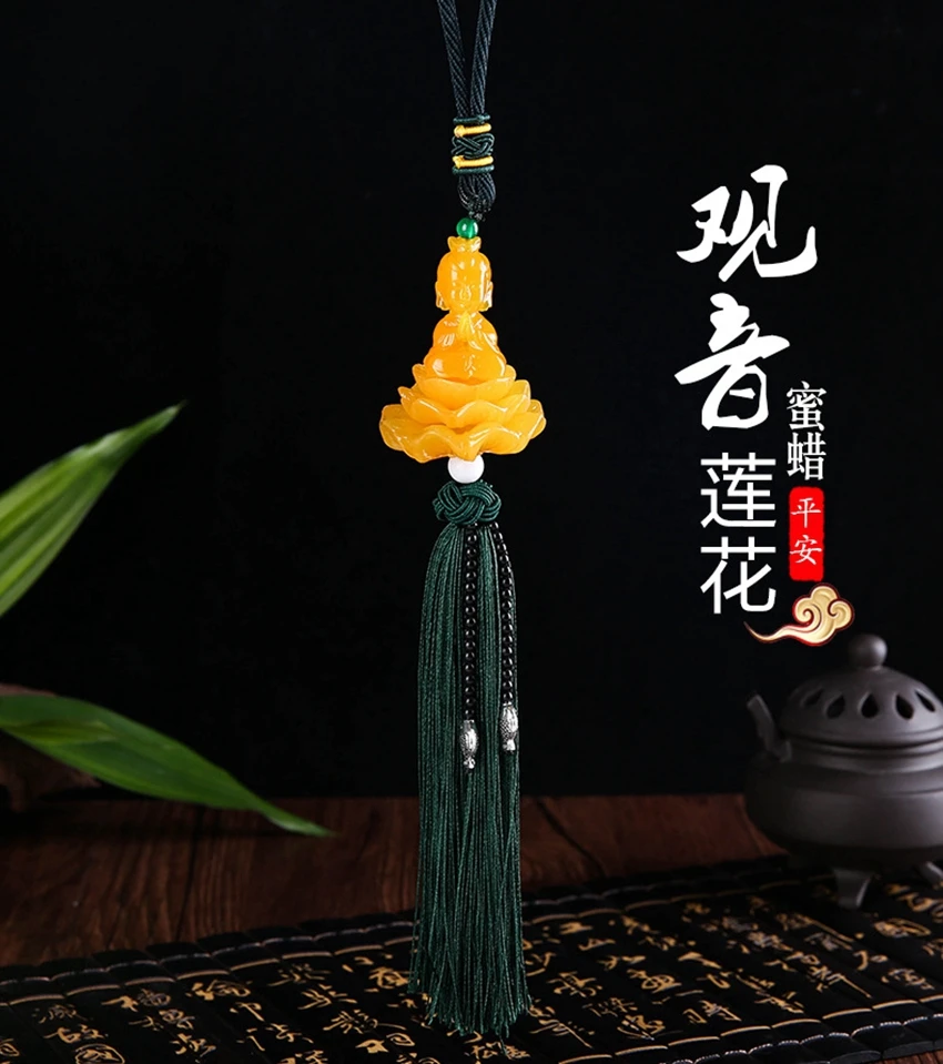 Pendentif Bouddha En Bois Pour Rétroviseur - Décoration Voiture Porte-bonheur, Longueur 35 Cm