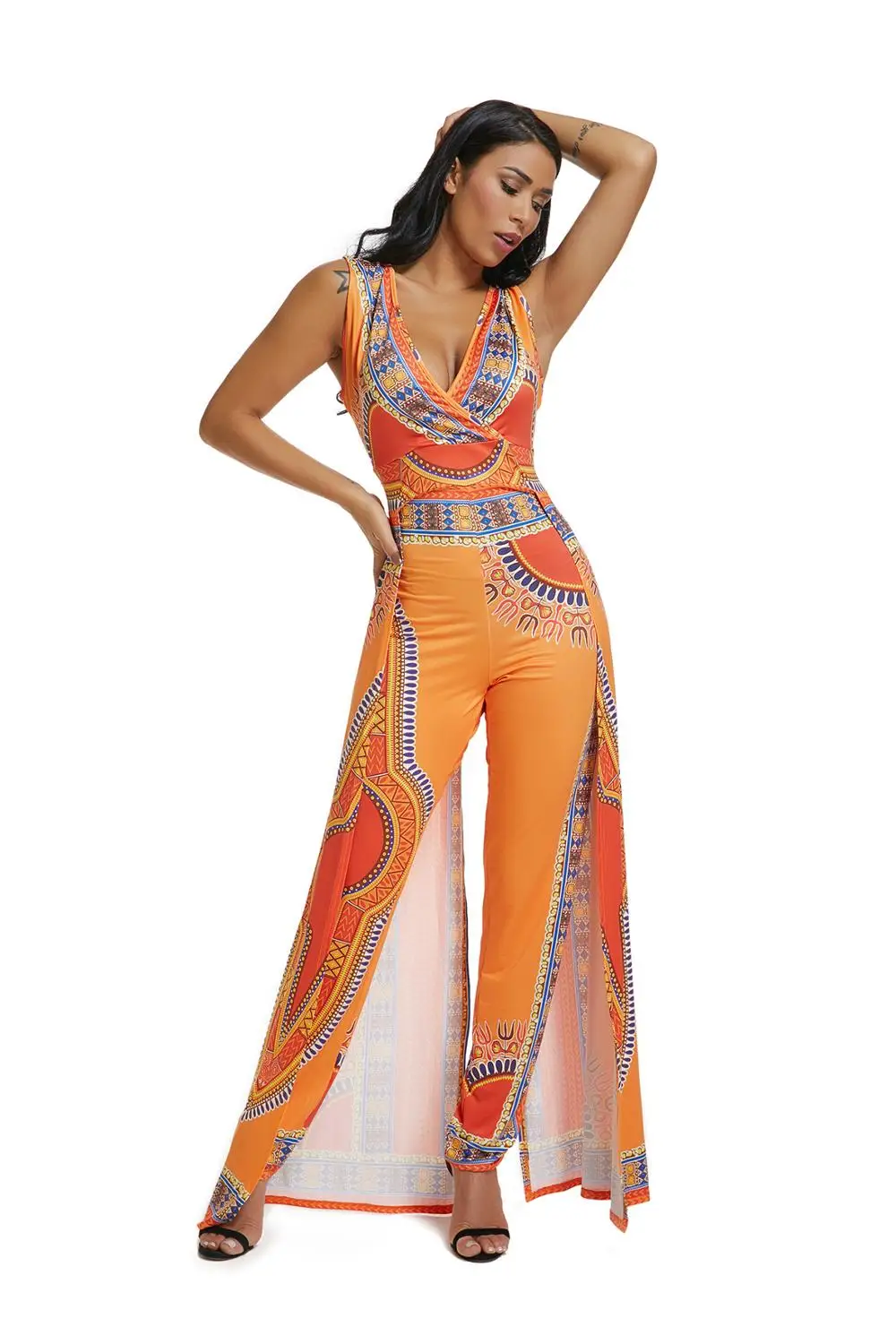 Женский цветочный комбинезон без рукавов с глубоким V образным