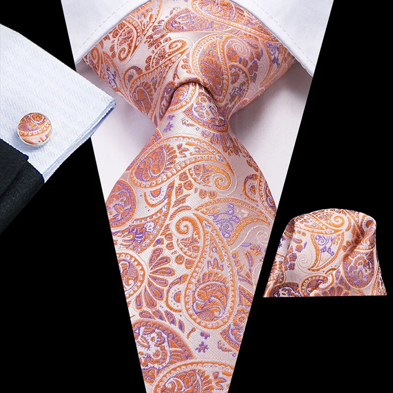 Hi-Tie Orange Men's Tie 8.5cm Silk Ties For Men Hanky and Cufflinks Set Gold Luxury Flower Classic Party Wedding Necktie