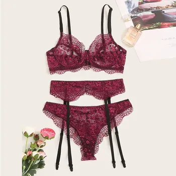 

Sexy Ladies Bra Set Exquisite Lace Lingerie Bra+Garter+Briefs Set Babydoll Cut-Out Sleepwear Brief Sets Lenceria Brassiere Femme