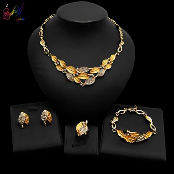 

Yulaili New Design Crystal Leaf Shape Jewelry Sets Necklace Earrings Bangle Ring For Women Party Wedding Accessories Wholesale