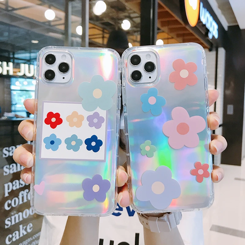 Блестящий лазерный чехол с цветочным рисунком для iPhone 11 прозрачный Мягкий тонкий