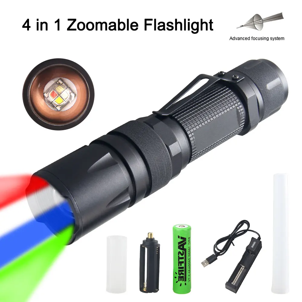 4 in 1 Outdoor Zoomable Hunting Flashlight 5 Modes Multi-color waterproof tactical light Torch with glow stick+18650+Charger best led torch