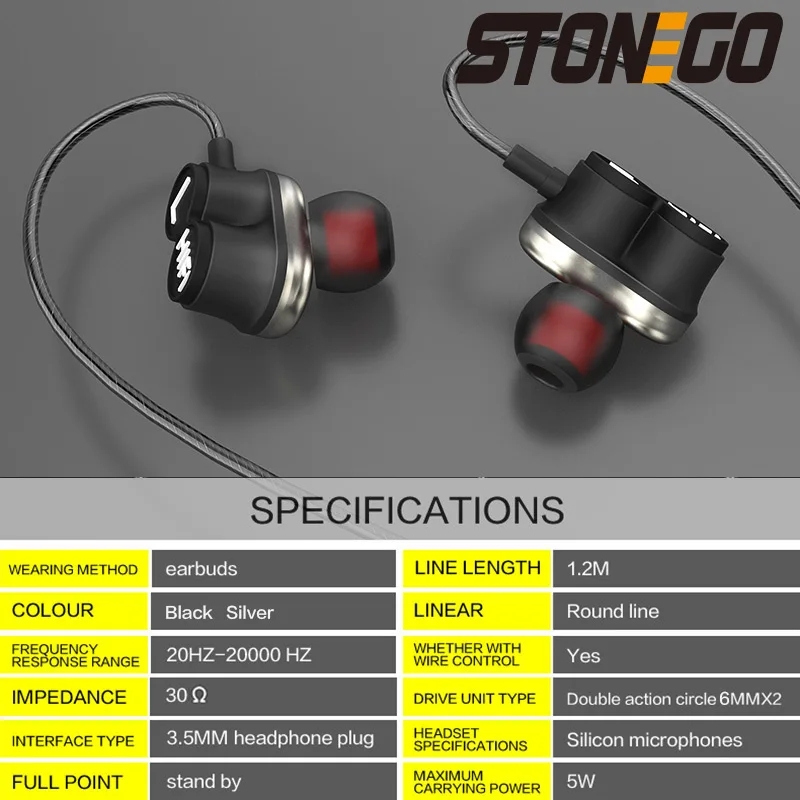 Stonego Dupla Driver In-ear Fones de Ouvido Fones de Ouvido Esportes Dinâmico Microfone Mãos Livres Extra Estéreo Baixo 3.5 mm Jack - Image 3