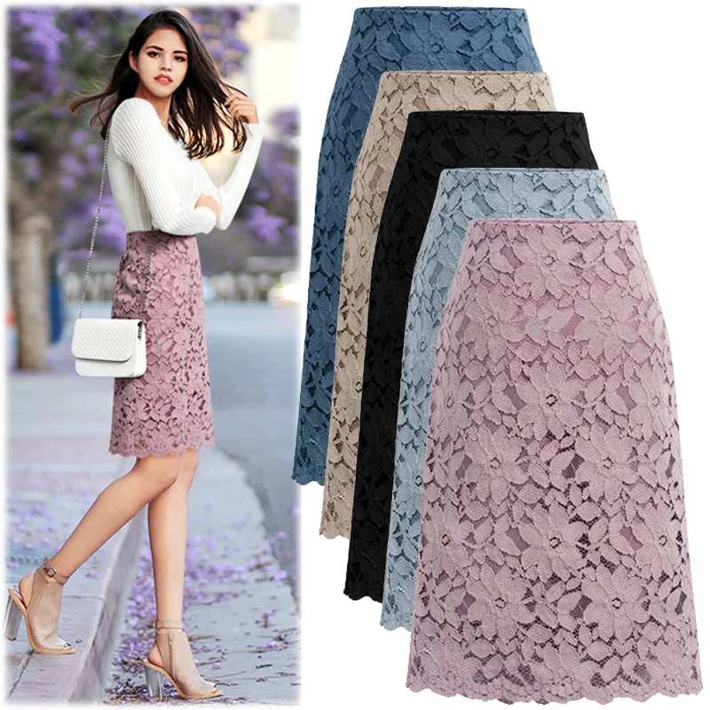 Woman Lace Hollow out Skirts A-line Ladies Fashion Elegant Hip Spring Autumn Winter Bottoms Oversize Clothes | Женская одежда