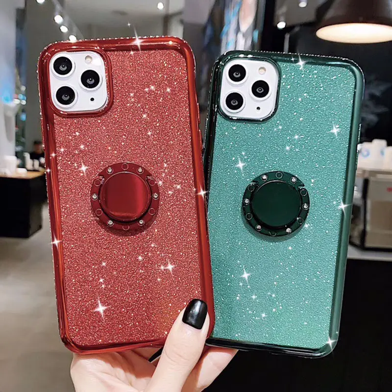 Shining Glitter Diamond Ring Phone Case For iPhone 13 11 12 Pro Max XR X XS Max 8 7 Plus Soft Magnetic Finger Holder Back Cover
