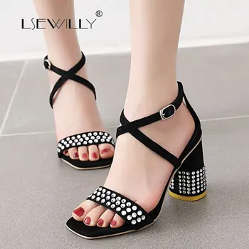 

Lsewilly 2020 Summer Sandals Women Shoes Flock Block Heels Party Shoes Buckle Super High Heel Sandals Lady Red Size 34-48