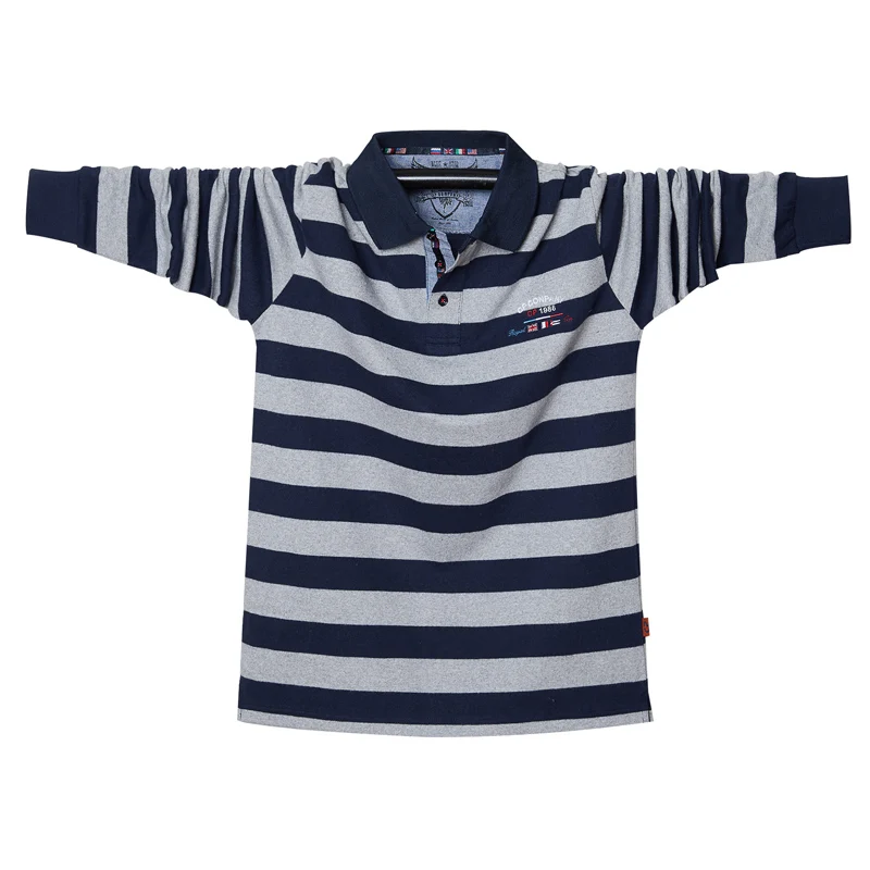 Поло с длинными рукавами для мужчин в полоску Camisa Masculina Polo L XL 4# C одежда Повседневная Деловая Homme бренд Новая мода оверсайз 100 кг - Цвет: Серый