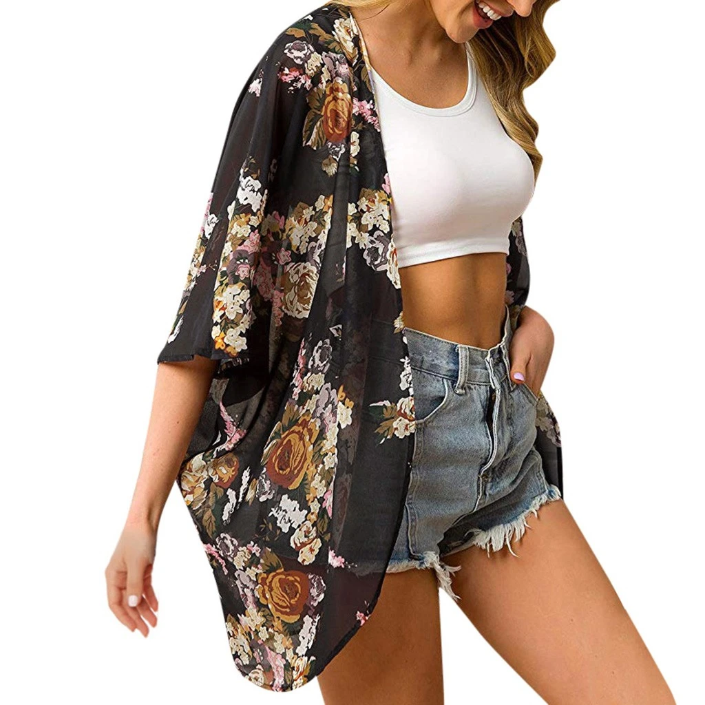 2020 Summer Women Chiffon Floral Kimono Beach Cardigan Shawl Swimwear Spring Swimsuit Female Tops De Praia 114 | Женская одежда
