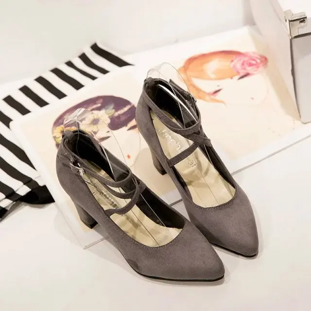 

2016 New Style Spring Japanese-style VIVI Magazine Celebrity Style Cross Belt Bandage Cloth Suede Chunky-Heel Shoes Pointed-Toe