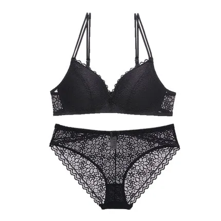 Black with panties Новые бюстгальтеры для женщин, комплект кружевных бюстгальтеров пуш-ап, сексуальный бюстгальтер и трусики, комплекты нижнего белья, белый бюстгальтер без косточек, беспроводной бюстгальтер, нижнее белье для девочек - Цвет: Black with panties