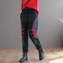 Осень-зима, джинсы для женщин, Ретро стиль, плотные, флис, джинсовые штаны, новинка, для девушек, эластичный пояс, карман, принт, повседневные брюки