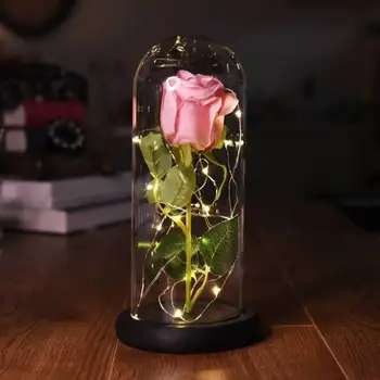

Beauty the Beast Red Rose w/ Fallen Petals Rose Glass Cover Led Micro Landscape Artificial Flowers Glass Birthday Gift