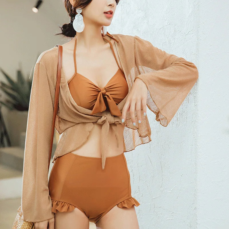 

Tour Bathing Suit Women's Belly Covering Slimming Sexy Fairy Style Sun-resistant Long Sleeve Blouse Retro High-waisted Two-piece