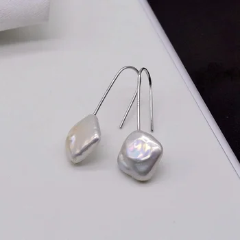 

Simple straight hook earrings, small white square baroque pearls, 925 sterling silver earrings allergy-free, ladies pearl earrin