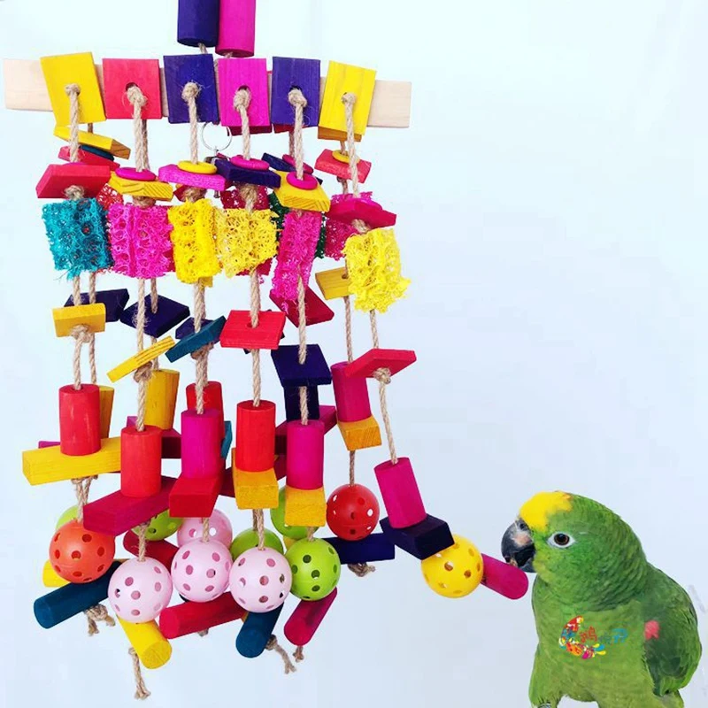 

Large Parrot Chewing Toy Multicolored Wooden Blocks And Natural Loofah Heavy Duty Bite Bird Toys For African Grey Macaws And Sim