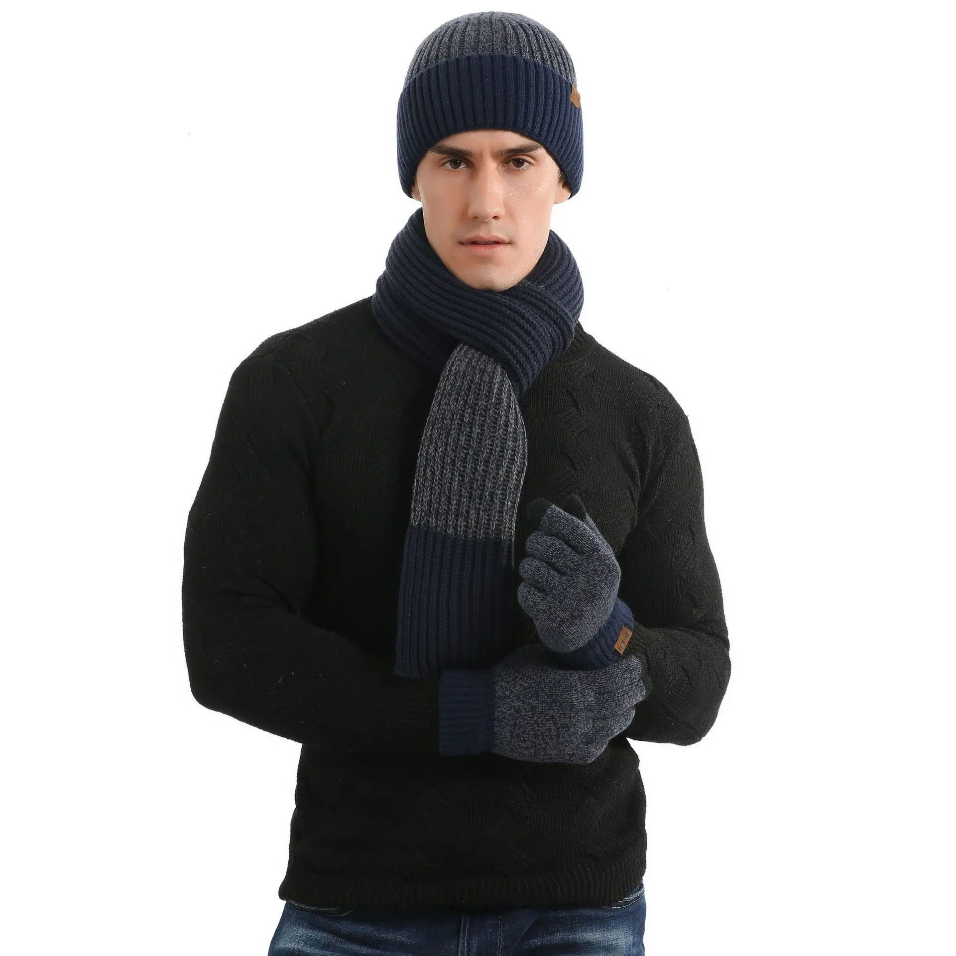 Мужская Зимняя Шапка-бини, шарф и перчатки с сенсорным экраном, комплект из 3 предметов, теплый вязаный комплект для зимы, вязаная Лыжная вязаная шапка