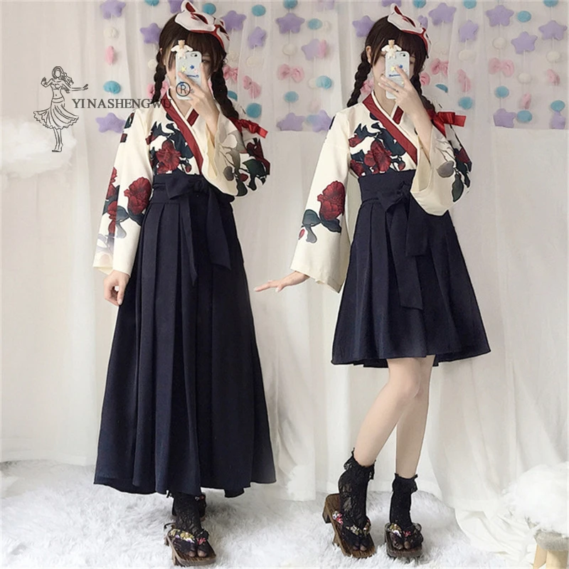 Vestido Kimono para mujer, traje japonés, Tops, falda, ropa Kawaii con  estampado de Yukata Haori, ropa Floral, conjuntos de Bata para niña, 2 uds.  - AliExpress Novedad y uso especial